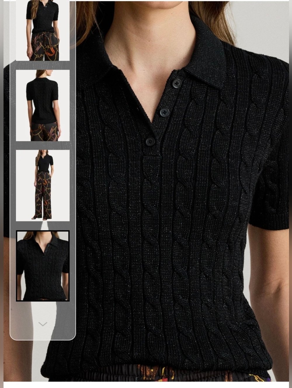 Lauren Ralph Lauren Black Metallic Cable-Knit Polo Sweater Large NWT $145